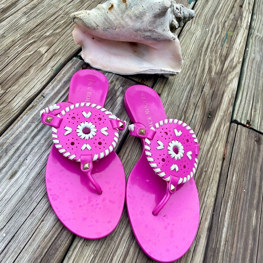 Jack Rogers Georgica Jelly Bright Pink Thong Sandals White Whipstich Trim Size 8 - Picture 2 of 9